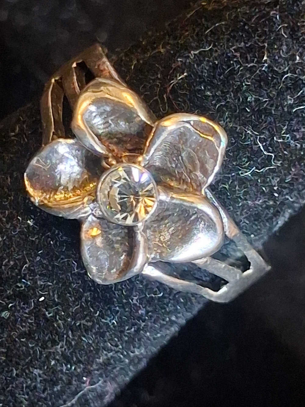 Sterling Silver Plumeria Flower Ring with Clear Crystal Center Size 4 Adjustable